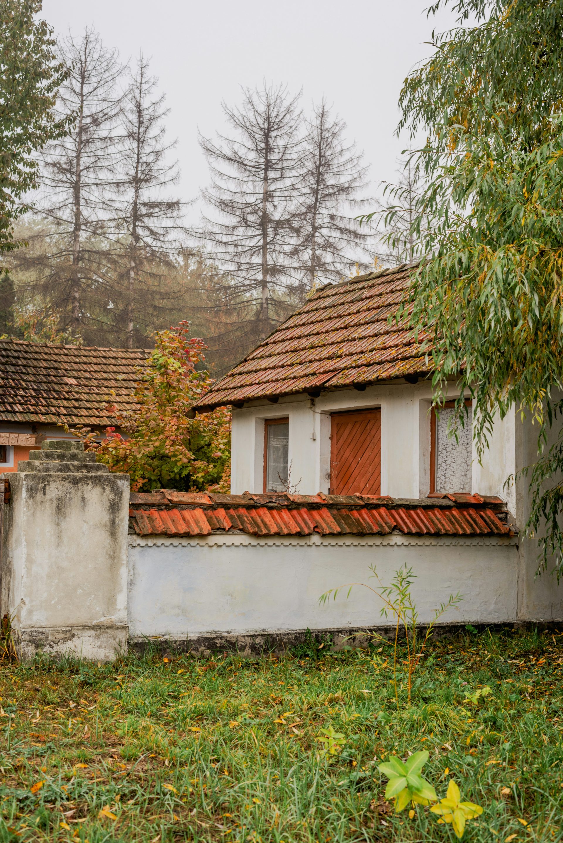 a house with a red roof and a red door